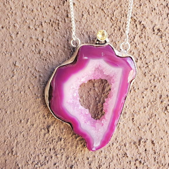 New Pink Agate Druzy & Citrine Silver Necklace. - Picture 13 of 16